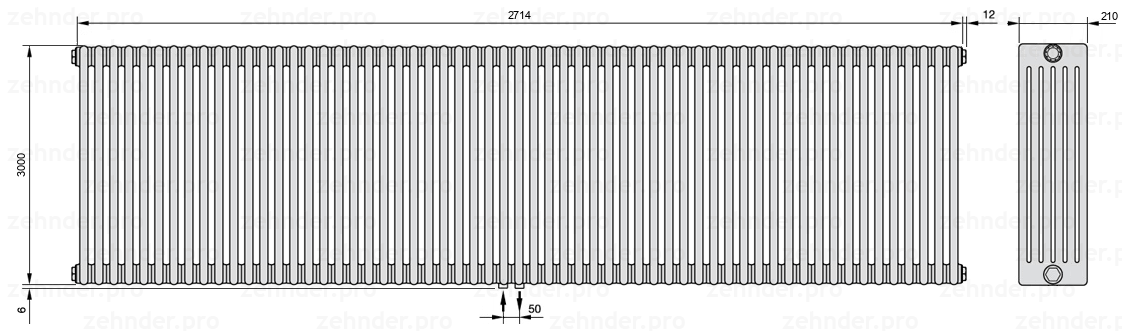 Схема (чертеж) Радиатор Zehnder Charleston 6300/59 №3470 Белый глянцевый RAL 9016